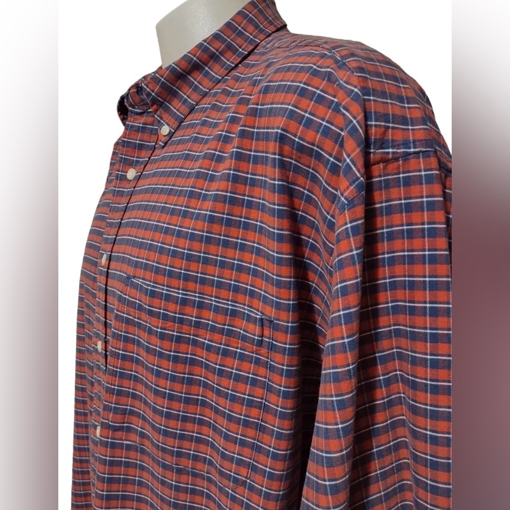 Eddie Bauer Flannel Shirt Men's XL Orange Blue White Check Plaid Button Up